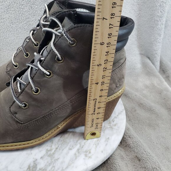 Timberland Shoes Womens Size 7.5 Taupe Brown Leather Amston Wedge Boots - Picture 5 of 11